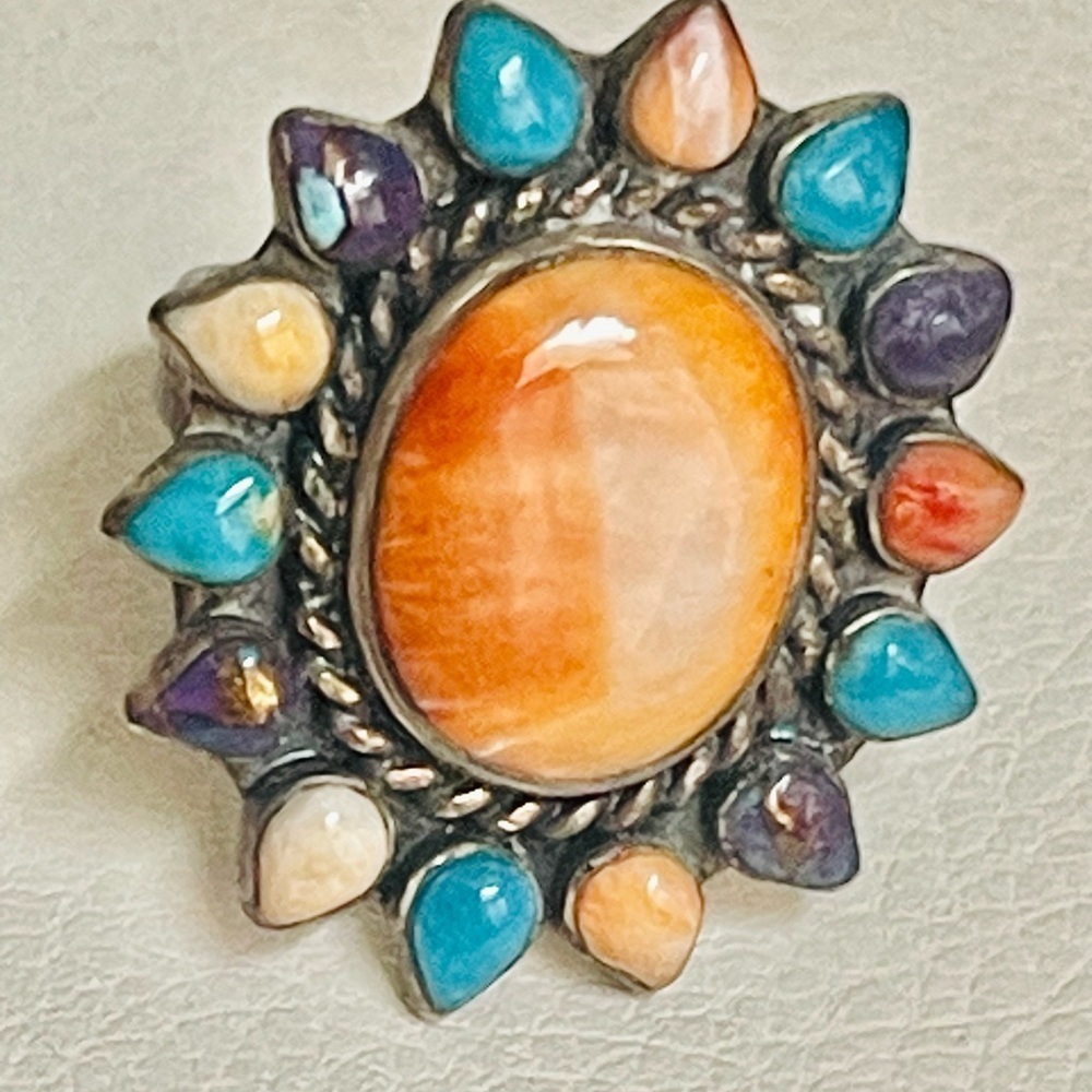 VTG Southwest Sterling Turquoise Spiny Oyster Turquoise Cluster Ring Size 6